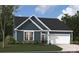 New construction home with blue siding, black roof, white trim, landscaping, and a two-car garage at 2037 Mantle Ridge Dr, Indian Trail, NC 28079