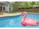 Backyard pool with a flamingo float and covered patio with comfortable seating at 212 Horn Tassel Ct, Indian Trail, NC 28079