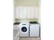 Functional laundry room with side-by-side washer and dryer, storage cabinets, and a countertop at 447 Shagbark Ct, Mount Gilead, NC 27306
