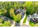 An aerial view showcases a beautiful home surrounded by lush greenery and mature trees in a peaceful neighborhood setting at 5103 Trinity Trace Ln, Monroe, NC 28110