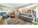 Inviting living room featuring a comfortable gray sofa, patterned rug, and cozy seating area near the staircase at 6809 Copernicus Cir, Charlotte, NC 28226