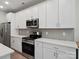 Close up of the modern kitchen featuring stainless steel appliances, white cabinets, and quartz countertops at 1045 Cavalier Ln, Rock Hill, SC 29730