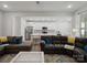 Open-concept living room featuring modern furnishings and seamless flow into the bright, white kitchen at 1045 Cavalier Ln, Rock Hill, SC 29730