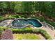 Aerial view of a luxurious pool and spa surrounded by mature trees and manicured gardens at 10915 Hermit Thrush Ln, Charlotte, NC 28278