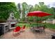 Charming patio with a brick fireplace, dining set under a red umbrella, and serene backyard views at 115 Stumpy Creek Rd, Mooresville, NC 28117