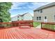 A well-maintained red wooden deck is perfect for outdoor entertaining, with green lawn and backyard view at 1177 Ellis Pond Dr, Rock Hill, SC 29730