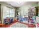 Spacious playroom with hardwood floors, neutral walls, large window, and ample toy storage at 13715 Sunrise View Dr, Charlotte, NC 28278