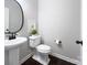 Stylish powder room featuring a pedestal sink, round mirror, and modern toilet at 2030 Bosna Ln, Fort Mill, SC 29715