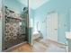 Bright blue bathroom featuring a stand-up shower and separate tub at 3901 Parkers Fry None, Fort Mill, SC 29715