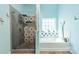 Bright blue bathroom featuring a stand-up shower and separate tub at 3901 Parkers Fry None, Fort Mill, SC 29715