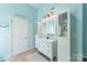 Bright blue bathroom featuring a modern vanity and ample storage at 3901 Parkers Fry None, Fort Mill, SC 29715