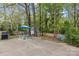 Backyard with a patio table set under blue skies and plenty of mature trees at 6127 Rosecrest Dr, Charlotte, NC 28210