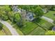 Aerial view of a home with a spacious, fenced backyard, mature trees and a quiet residential street at 8517 Sandowne Ln, Huntersville, NC 28078