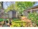 Charming backyard with a shed, a small building, lush greenery, and decorative accents at 1000 E 35Th St, Charlotte, NC 28205