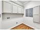 Clean laundry room with white cabinets, gray electrical panel, and hardwood floors at 105 Snead Ct, Salisbury, NC 28144
