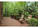 Outdoor deck with seating nestled in a wooded backyard creating a tranquil retreat at 11424 Stonebriar Dr, Charlotte, NC 28277