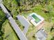 Aerial view of a neighborhood pool featuring lounge chairs, mature trees, and a parking lot at 2220 Atwell Glen Ln, Pineville, NC 28134