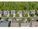 Aerial view of a neighborhood showcases well-maintained homes and mature trees at 3060 Drummond Ave, Indian Land, SC 29707