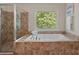 Luxurious bathroom with soaking tub, tiled shower, and a large window at 3060 Drummond Ave, Indian Land, SC 29707