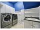 Efficient laundry room with stainless steel washer and dryer, sink, and built in shelving at 374 Horton Grove Rd, Fort Mill, SC 29715