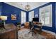 Home office featuring hardwood floors, blue painted walls, plantation shutters, desk, and decorative lighting at 374 Horton Grove Rd, Fort Mill, SC 29715