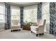 Bright sitting area with two armchairs near windows with blue floral curtains and decorative trunk at 405 Five Leaf Ln, Waxhaw, NC 28173
