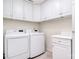 Functional laundry room featuring modern washer and dryer, and plenty of built-in storage cabinets at 9208 Plashet Ln, Mint Hill, NC 28227