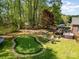 Aerial view of the backyard featuring a putting green, deck, and hot tub at 127 Fantasy Ln, Mooresville, NC 28117