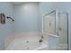 Luxurious bathroom with a large soaking tub and separate glass-enclosed shower at 13228 Crooked Pine Ct, Charlotte, NC 28215