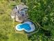 Aerial view of a backyard pool with lounge chairs, a brick patio, and mature trees at 1700 White Pond Ln, Waxhaw, NC 28173