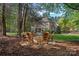 Charming backyard with a stone fire pit and surrounding seating, perfect for enjoying cozy evenings in a wooded setting at 1717 Brawley School Rd, Mooresville, NC 28117