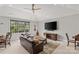 Bright living room area showcasing a ceiling fan, television, sofa, and a backyard view at 2137 Foxcroft Woods Ln, Charlotte, NC 28211