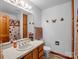 A well-lit bathroom featuring a single sink vanity, toilet, and shower with cabinet storage at 2251 Old Applewood Ln # 9, Iron Station, NC 28080