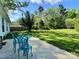 Cozy patio with outdoor seating overlooks a lush green lawn and mature trees at 252 S Potter Rd, Lancaster, SC 29720