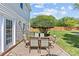 Outdoor patio featuring a dining table, seating, and backyard views with mature trees and greenery at 3831 Robeson Creek Dr, Charlotte, NC 28270