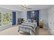 Comfortable bedroom boasts a ceiling fan, a blue accent wall, and an abundance of natural light at 3831 Robeson Creek Dr, Charlotte, NC 28270