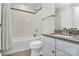 Modern bathroom features tile flooring, a white shower curtain, and granite countertops at 510 Music Hall Way, Charlotte, NC 28203