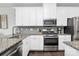 Stylish kitchen features white cabinets, granite countertops, stainless appliances and tiled backsplash at 510 Music Hall Way, Charlotte, NC 28203