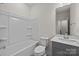 Neutral full bathroom featuring a shower-tub combo with a gray vanity and framed mirror at 657 District Ct, Fort Mill, SC 29708