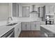 A close-up view of a kitchen with gray cabinets, white countertops, stainless steel appliances, and wood flooring at 657 District Ct, Fort Mill, SC 29708