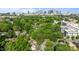Stunning aerial view of a neighborhood with lush trees and the city skyline in the background at 700 Oakland Ave, Charlotte, NC 28204
