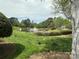 A serene view of the community pond, with lush greenery, a fountain, and geese grazing nearby at 9305 Four Mile Creek Rd, Charlotte, NC 28277