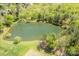 Aerial view of a serene pond surrounded by lush greenery and mature trees at 1103 Hillcrest Ridge Dr, Salisbury, NC 28146