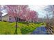 Exterior view featuring lush pink trees along a grassy lawn and paved pathway, with homes in the background at 115 Keswick Ln, Mooresville, NC 28117