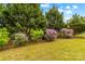 Well-manicured backyard featuring vibrant lilac bushes, green trees and a secure wrought iron fence at 12746 Bravington Rd, Huntersville, NC 28078