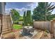 Backyard patio with outdoor seating on a rug surrounded by landscaping and a wooden fence at 1824 Hall Ave, Charlotte, NC 28205