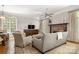 Cozy living room with a stone fireplace, hardwood floors, and large windows at 3819 Gleneagles Rd, Charlotte, NC 28210
