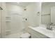 Bathroom with white shower, vanity, and updated fixtures at 76 Snyder Ne Ct, Concord, NC 28025