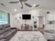 Cozy living room featuring a ceiling fan, TV, comfortable seating, and a view of the adjacent kitchen at 833 Generation Ln, Clover, SC 29710