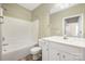 Bathroom featuring a bathtub with tile surround and a white vanity with a mirrored backsplash at 11544 Costigan Ln # 8306, Charlotte, NC 28277